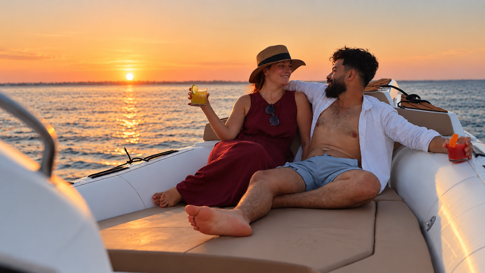 Paar entspannt gemeinsam an Bord während einer privaten Sunset-Tour