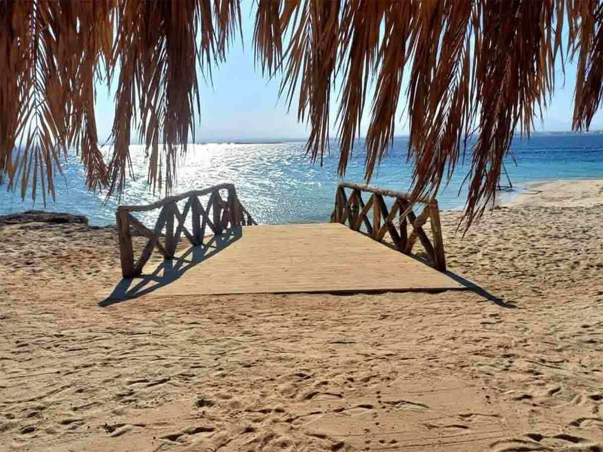 Palm-shaded wooden walkway leading onto Magawish Island beach