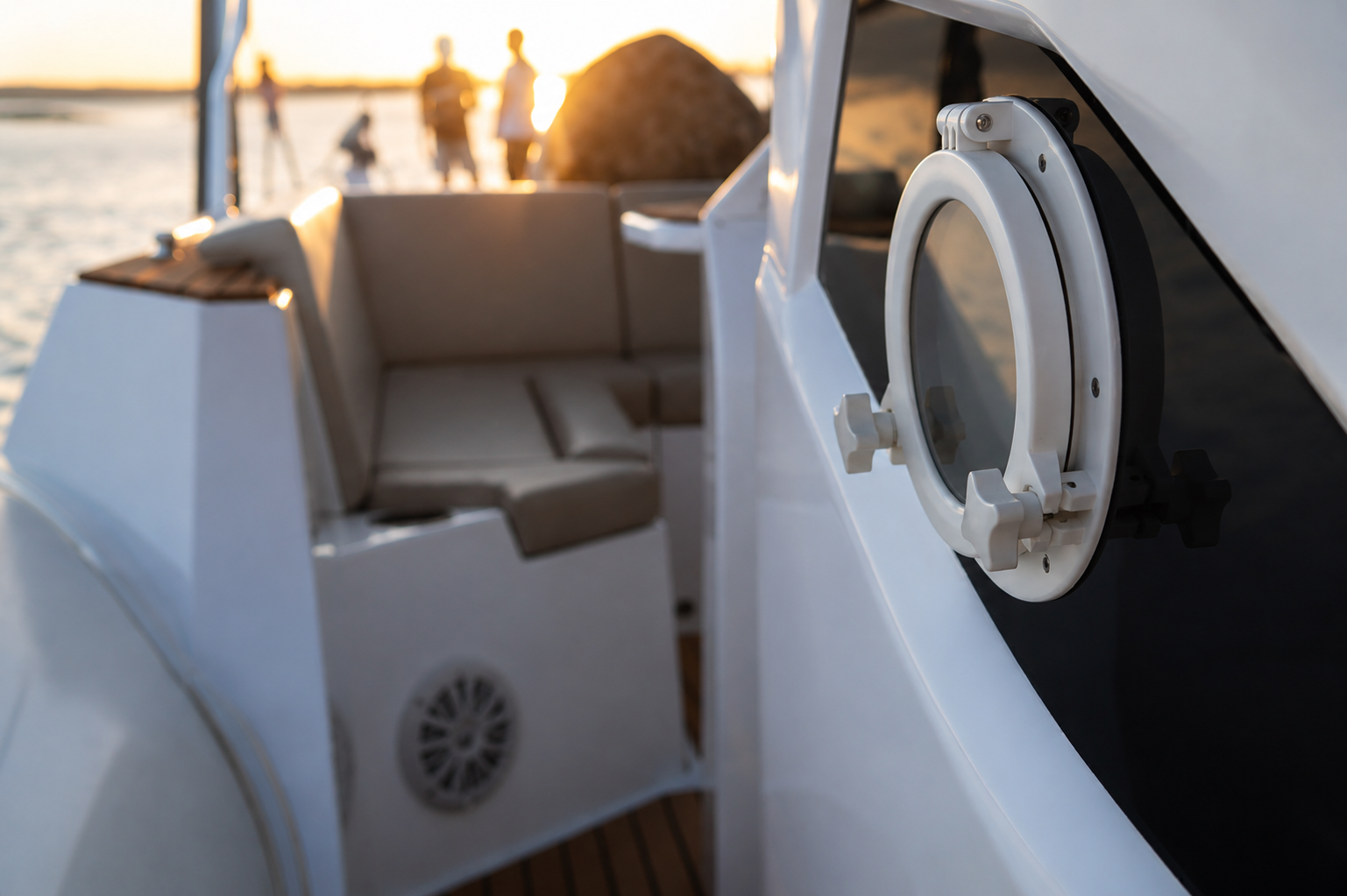 Private marine cabin entrance on board the Promarine X900 at golden hour