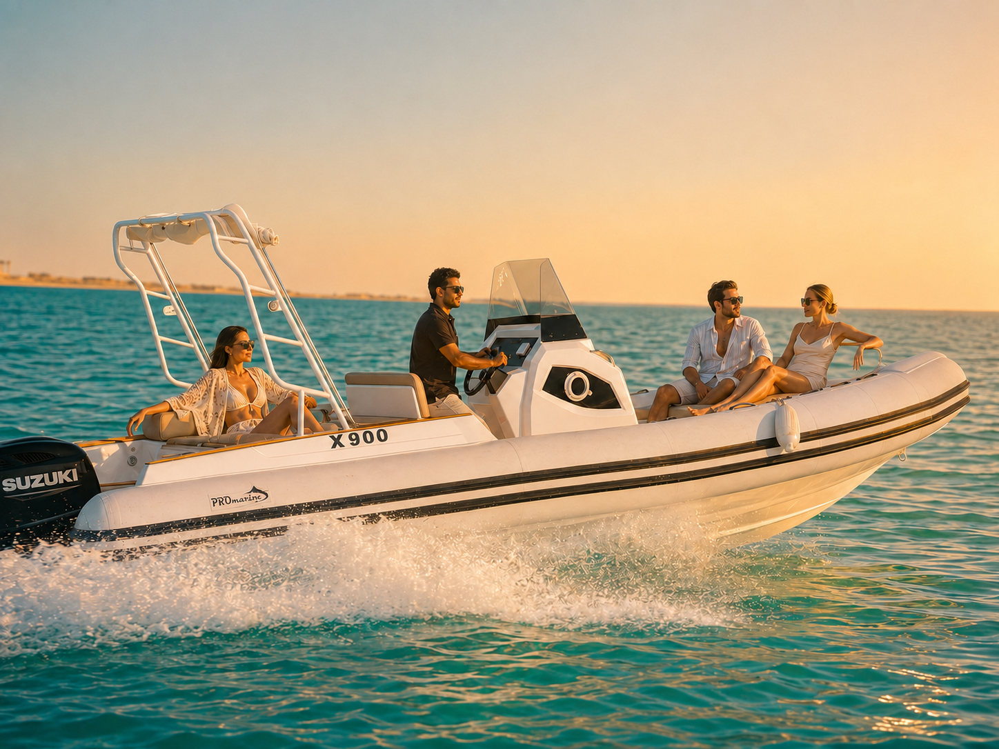 Captain and three guests aboard the Maro Redsea speedboat in warm late-afternoon light