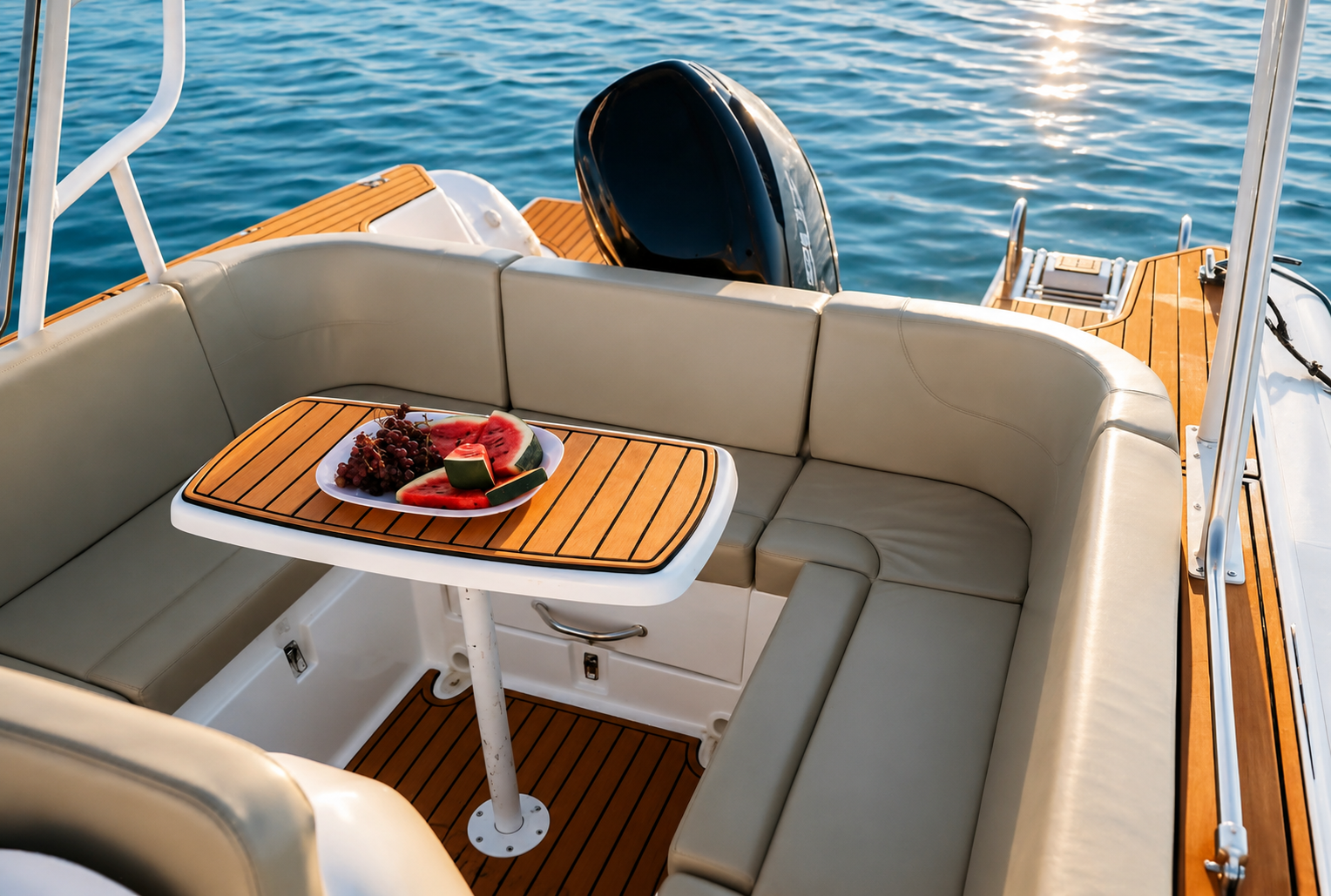 Rear seating area of the Promarine X900 with teak table and fresh fruit at sea