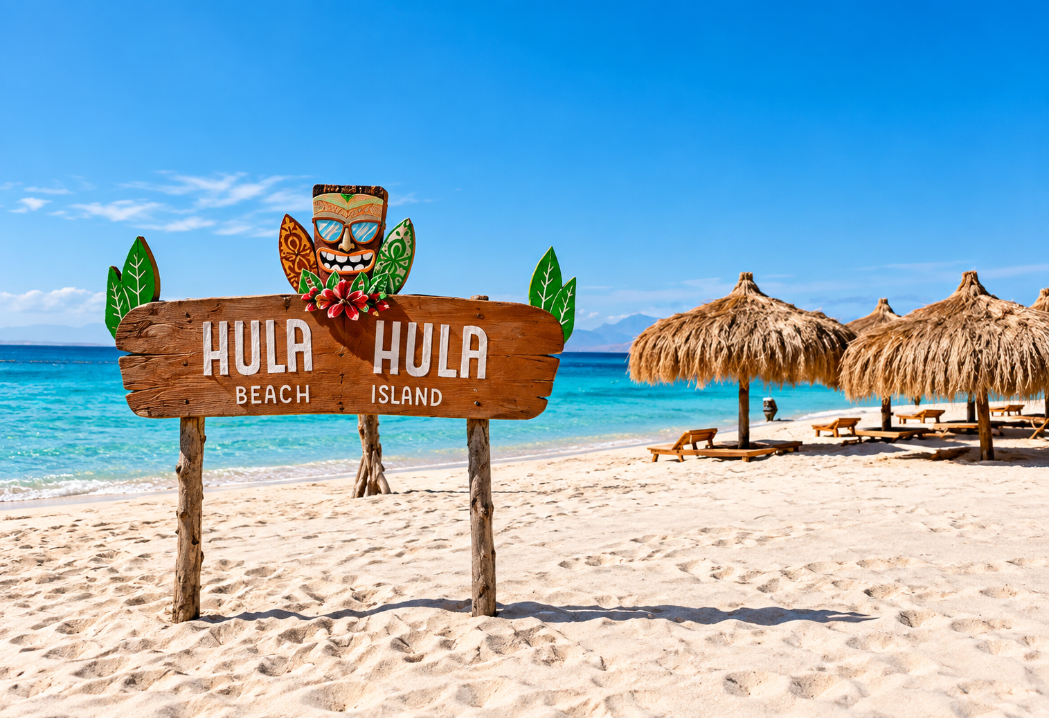 Enseigne de Hula Hula et parasols en paille sur sable blanc