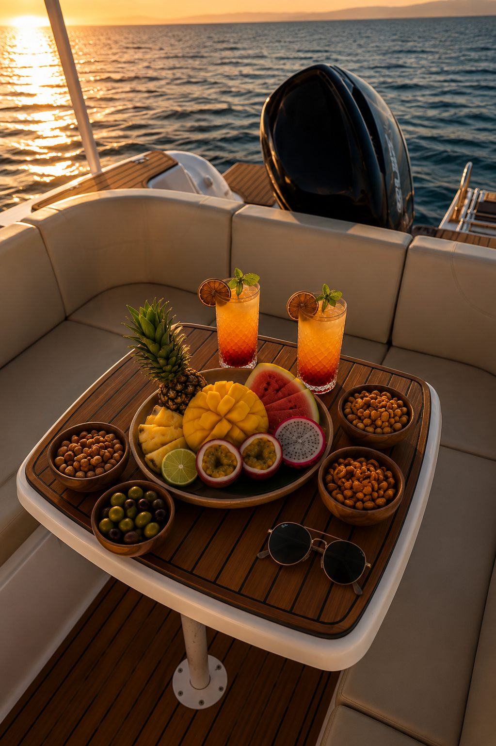 Hochwertige Snacks, serviert an Bord des privaten Speedboots